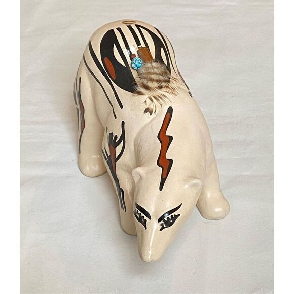 Native American Pottery Bear Sculpture Handmade Painted -Signed 11'' U1771 - Picture 3 of 11